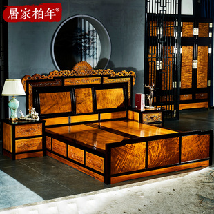 金丝楠木床全实木主卧1.8米双人床中式_明清古典雕花酸枝红木家具